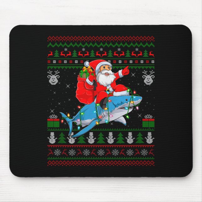 Funny Santa Riding Shark Ugly Christmas Sweaters S Mouse Pad (Front)