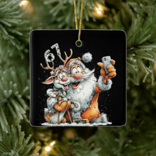 Funny Santa Rudolf Selfie Six Seven Christmas  Ceramic Ornament