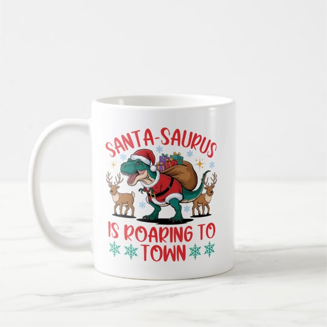 Funny Santa-saurus T-Rex Dinosaur Christmas Coffee Mug (Left)