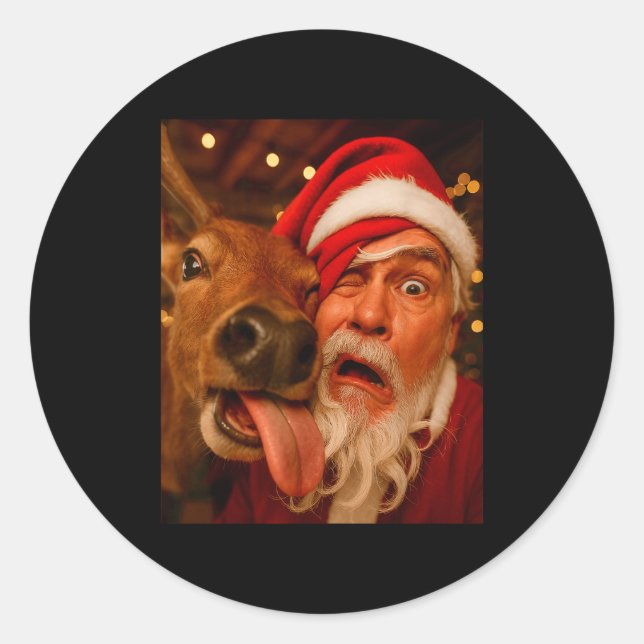 Funny Santa Selfie Reindeer Men Women Kids Christm Classic Round Sticker (Front)