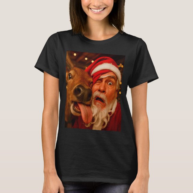 Funny Santa Selfie Reindeer Men Women Kids Christm T-Shirt (Front)