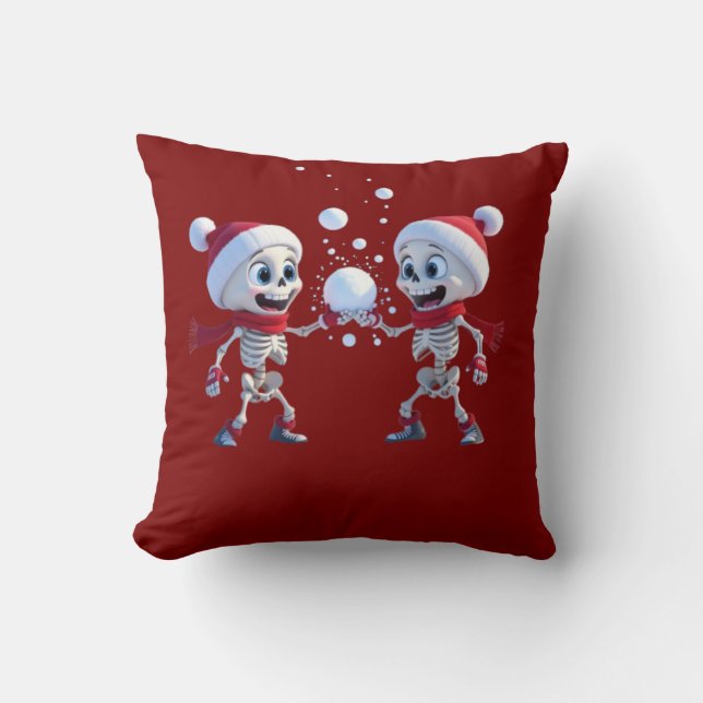 Funny Santa Skeletons Having a Snowball Fight  Cushion (Front)