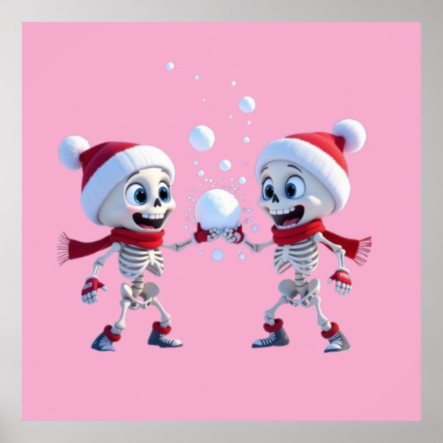 Funny Santa Skeletons Having a Snowball Fight  Poster (Front)