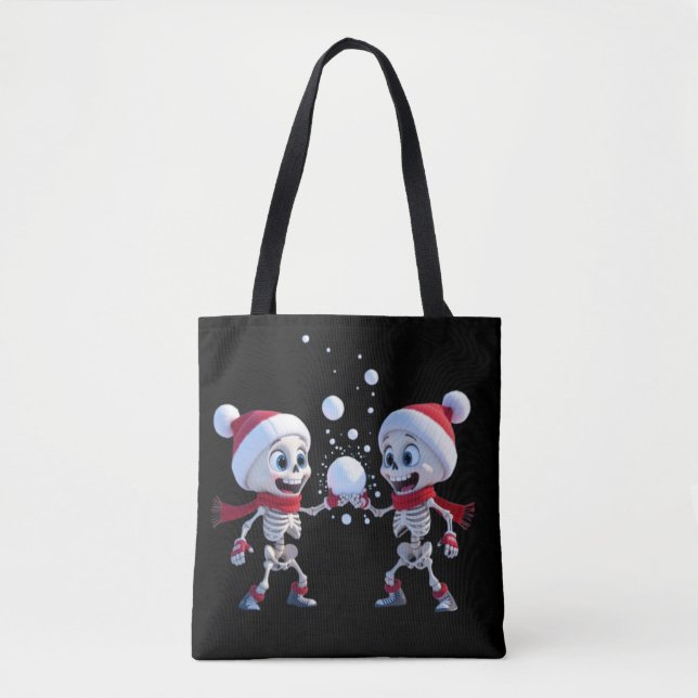 Funny Santa Skeletons Having a Snowball Fight  Tote Bag (Front)