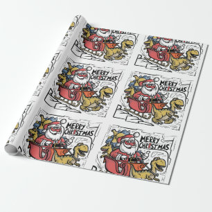 Funny Santa Sleigh and T-rex Dinosaur Christmas  Wrapping Paper