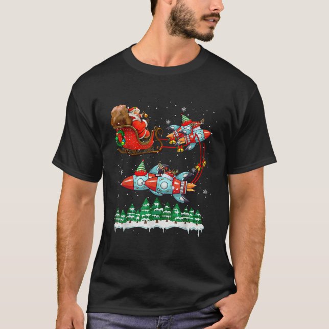 Funny Santa Sleigh Reindeer Elf Rockets Christmas  T-Shirt (Front)