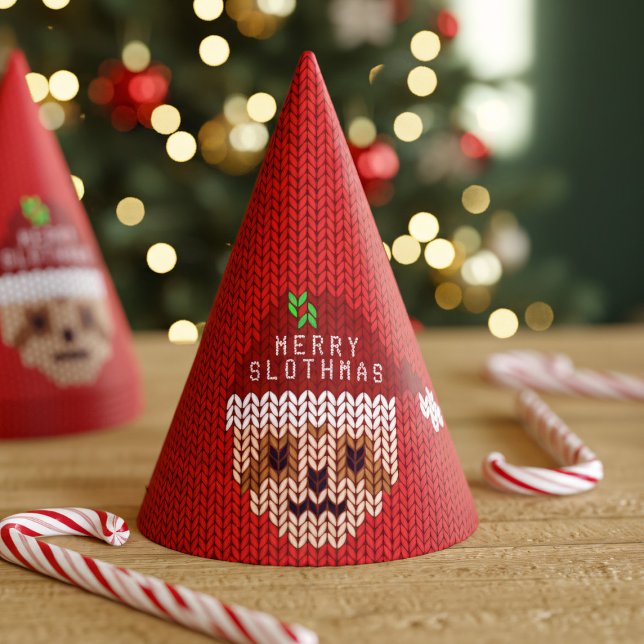 Funny Santa Sloth Red Christmas Paper Party Hat (T'is the season to be a sloth! Have fun at your next holiday party with this fun Merry Slothmas hat)