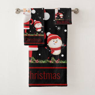 Funny Santa, Snowman, Reindeer Merry Christmas Bath Towel Set