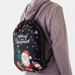 Funny Santa, Snowman, Reindeer Merry Christmas Drawstring Bag
