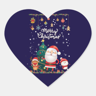 Funny Santa, Snowman, Reindeer Merry Christmas Heart Sticker