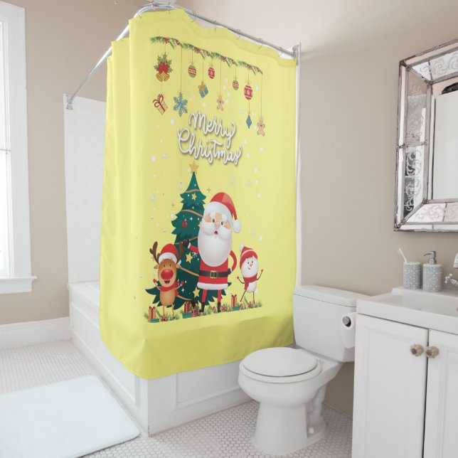Funny Santa, Snowman, Reindeer Merry Christmas Shower Curtain (In Situ)