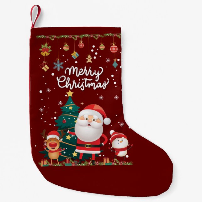 Funny Santa, Snowman, Reindeer Merry Christmas Small Christmas Stocking (Front)