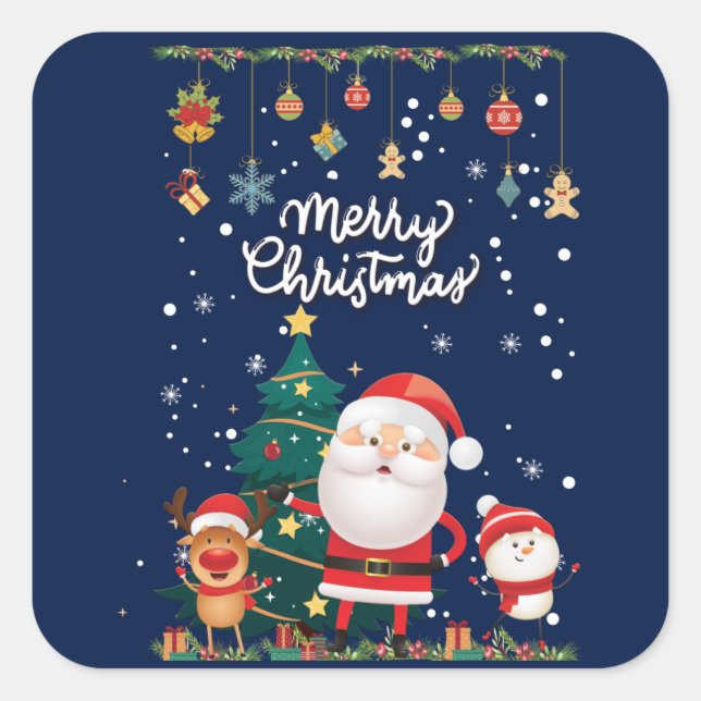 Funny Santa, Snowman, Reindeer Merry Christmas Square Sticker (Front)