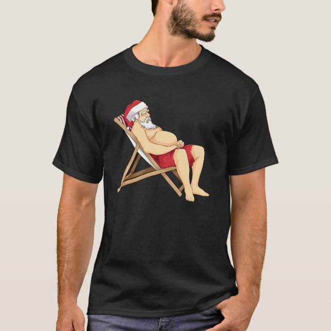 Funny Santa Sunbathing Red Mankini Cool Beach Summ T-Shirt (Front)