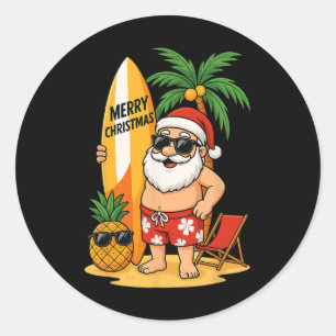 Funny Santa Surfing Summer Beach Christmas In July Classic Round Sticker