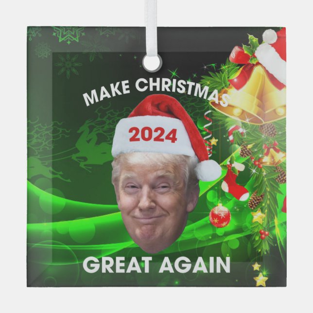 Funny Santa Trump 2024 Make Christmas Great Again  Glass Tree Decoration (Front)