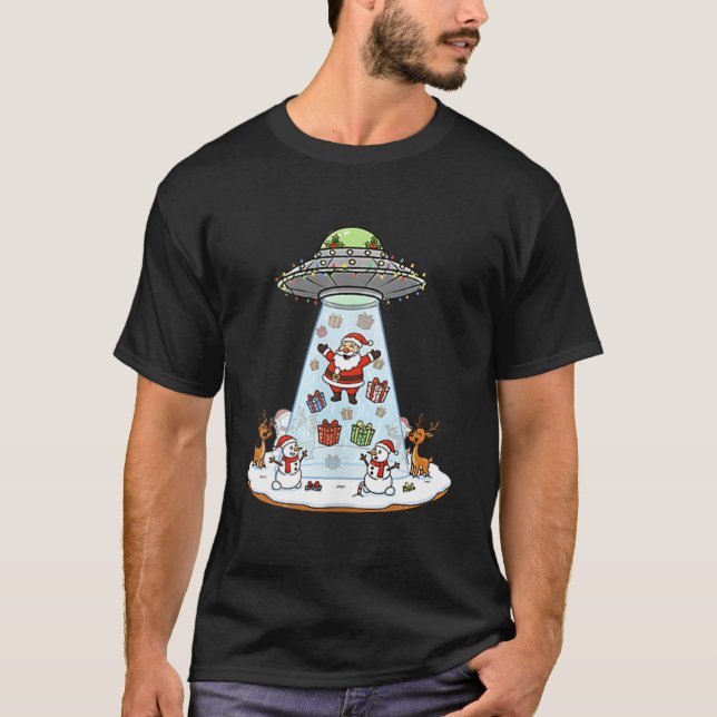 Funny Santa Ufo Delivery Happy Reindeer Snowman Ch T-Shirt (Front)