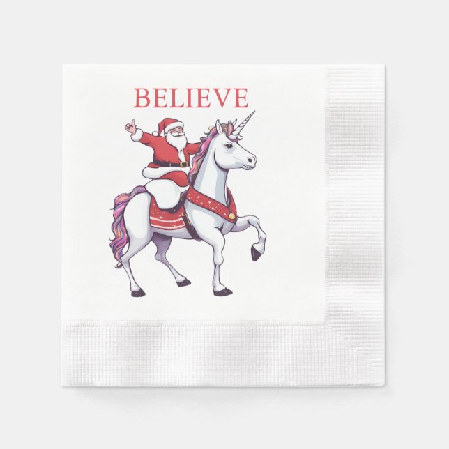 Funny Santa Unicorn Believe Christmas Party Napkin (Front)