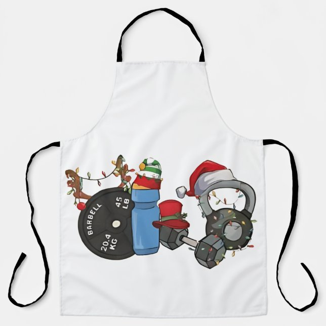 Funny Santa Weightlifting Dumbbells Gym Christmas Apron (Front)