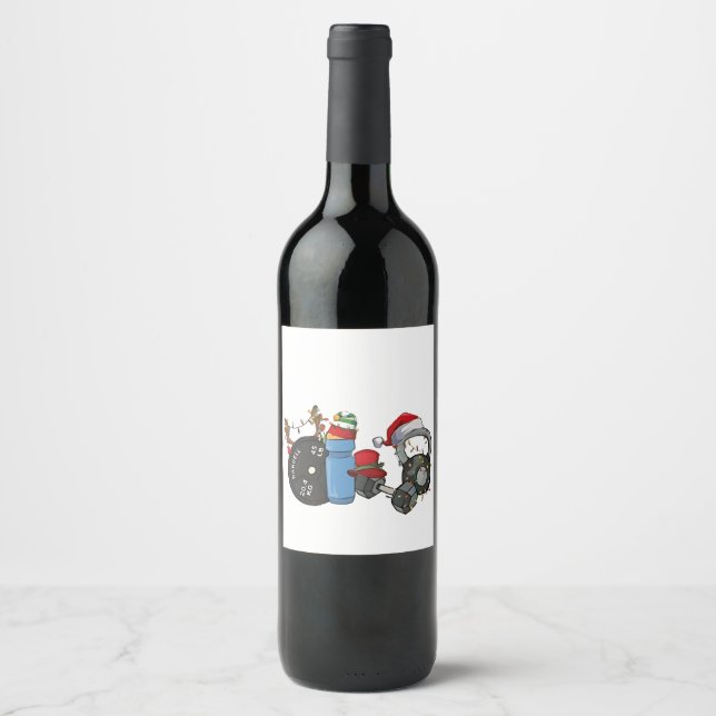 Funny Santa Weightlifting Dumbbells Gym Christmas Wine Label (Front)