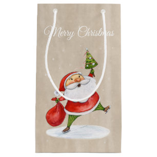 Funny Santa with Christmas Tree Watercolor Small Gift Bag
