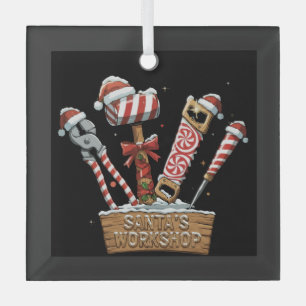 Funny Santa's Workshop Candy Cane Handyman Tools Glass Tree Decoration