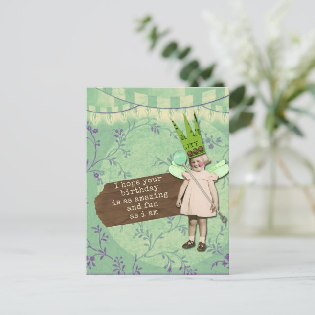 Funny Sarcastic Altered Art Vintage Birthday Girl  Postcard (Standing Front)