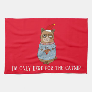 Funny Sarcastic Cat With Ugly Sweater Tea Towel