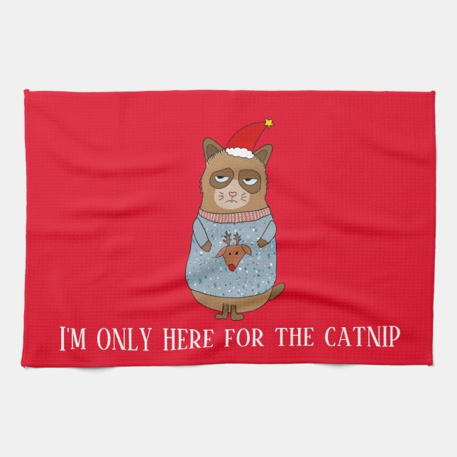 Funny Sarcastic Cat With Ugly Sweater Tea Towel (Horizontal)