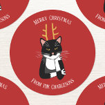 Funny Sarcastic Christmas Cat Classic Round Sticker<br><div class="desc">A funny sarcastic,  annoyed and unenthusiastic black and white tuxedo cat with Christmas antlers.  Ho ho ho,  and all that stuff.
Change the text and name or remove it to personalise further.  Original art by Nic Squirrell.</div>