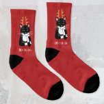 Funny Sarcastic Christmas Cat Socks<br><div class="desc">A sarcastic,  annoyed and unenthusiastic black and white tuxedo cat with Christmas antlers.  Ho ho ho,  and such greetings.
Change or remove the text to customise.</div>