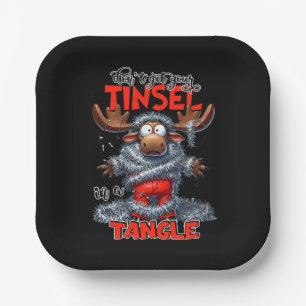 Funny Sarcastic Christmas Moose Quote Black Party Paper Plate