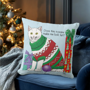 Funny Sarcastic Ugly Christmas Sweater White Cat Cushion