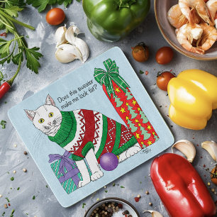 Funny Sarcastic Ugly Christmas Sweater White Cat Cutting Board