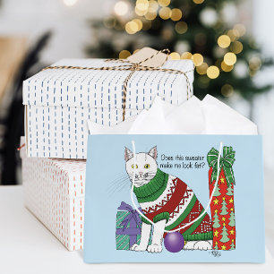 Funny Sarcastic Ugly Christmas Sweater White Cat Large Gift Bag