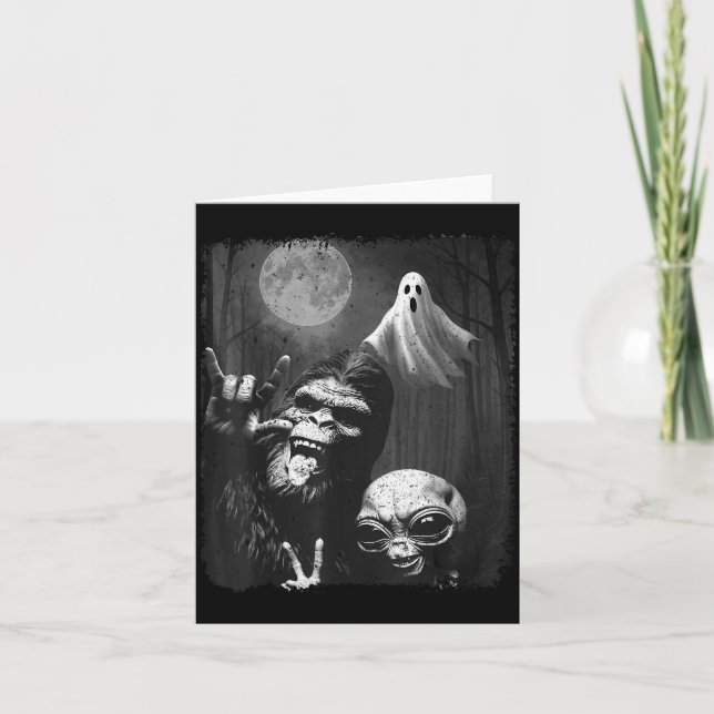 Funny Sasquatch &amp; Alien Rock On Hand Sign Ghos Card (Front)