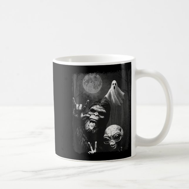 Funny Sasquatch &amp; Alien Rock On Hand Sign Ghos Coffee Mug (Right)