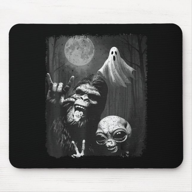 Funny Sasquatch &amp; Alien Rock On Hand Sign Ghos Mouse Pad (Front)