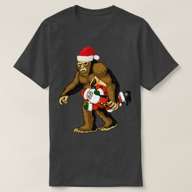 Funny Sasquatch Carrying Santa Claus Bigfoot Santa T-Shirt (Design Front)