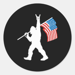 Funny Sasquatch Rock And Roll Usa Flag For Bigfoot Classic Round Sticker