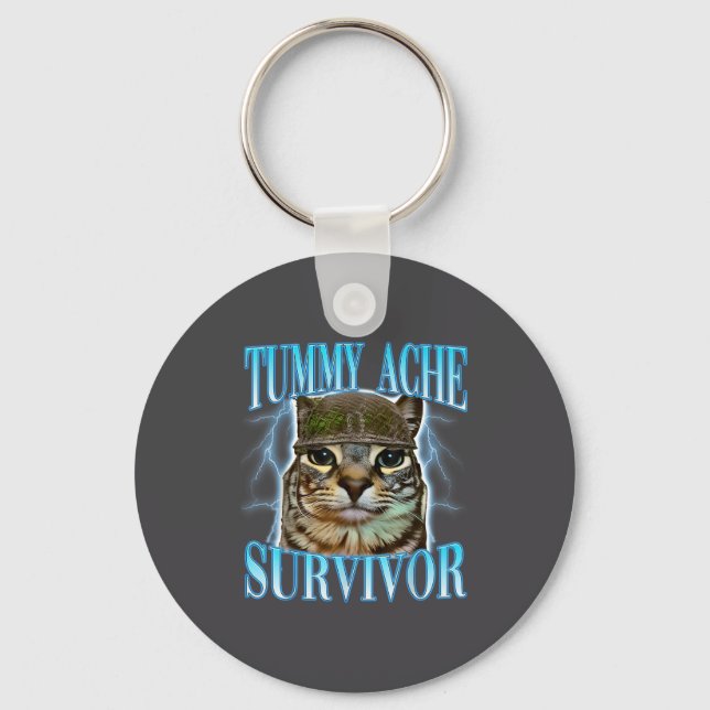 Funny Saying Cats Tummy Ache Survivor Cat Meme Hum Key Ring (Front)