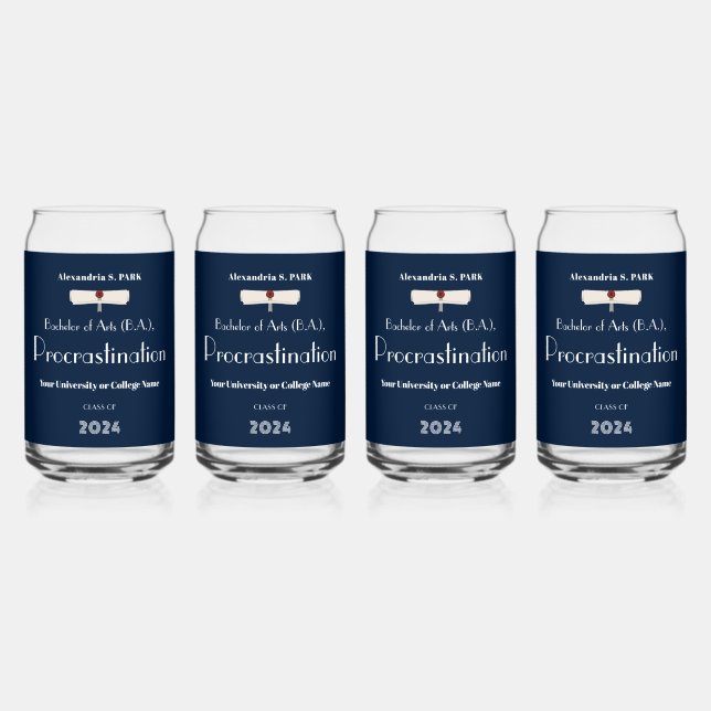 Funny Saying Navy Blue Modern Graduation Party Can Glass (Front)