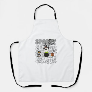 Funny Saying Spooky Season Halloween Cat Ghost Wom Apron
