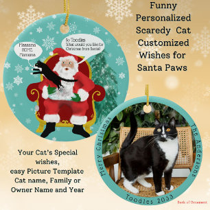 Funny Scardy Cat Visits Santa Custom Christmas Ceramic Ornament