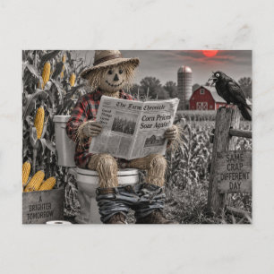 Funny scarecrow on the toilet in a corn field postcard