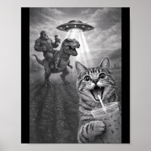 Funny Scared Cat Selfie UFO Bigfoot Drinking Poster