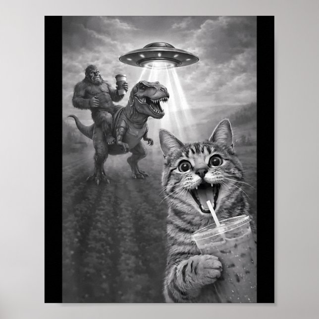 Funny Scared Cat Selfie UFO Bigfoot Drinking Poster (Front)