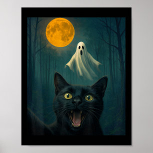 Funny Scared Cat Selfie With Ghost Halloween Day W Poster