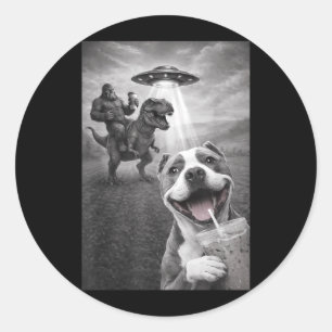 Funny Scared Pitbull Dog Selfie UFO Bigfoot Classic Round Sticker