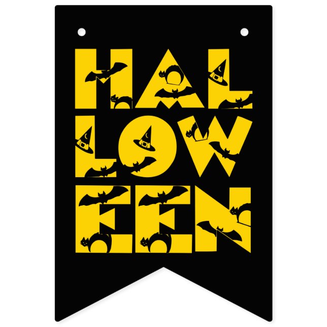 Funny Scary Black Cat Bat Witch Hat Text Halloween Bunting (First Flag)